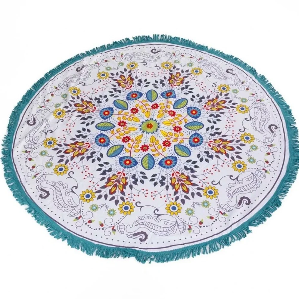 Round Fringe Beach Towel with Colorful Floral Mandala - Picture 3 of 6